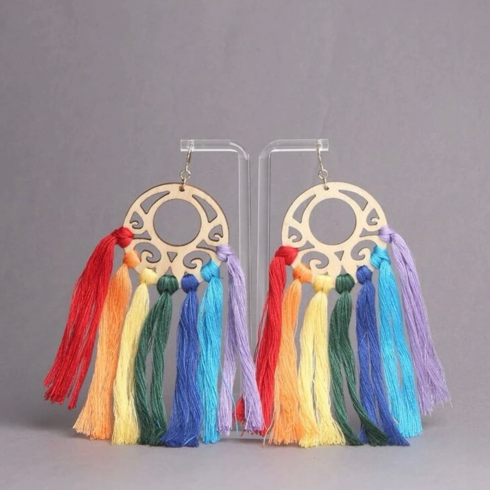 Handmade Bright Rainbow Multicolor Shoulder Duster Tassel Wood Earrings - Pride!